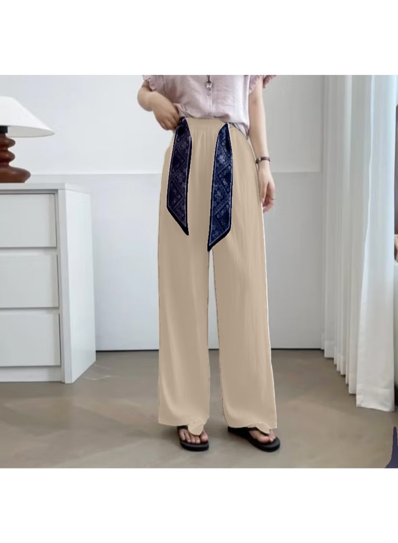 بنطلون بالازو واسع الساقين بمقاس حر، مزود بحزام خصر مطاطي وحزام وشاح مزخرف للنساء - Image 3